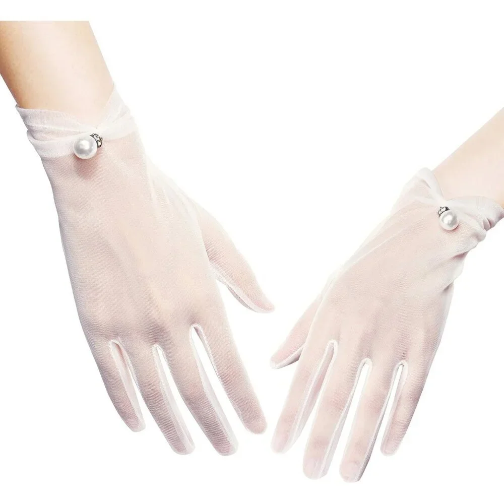 Women's White Banquet Tulle Short Lace Gloves Summer Party Wedding Dancing Prom